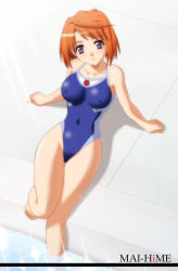 Rule 34 | 00s, 1girl, barefoot, blue one-piece swimsuit, breasts, competition swimsuit, copyright name, covered erect nipples, covered navel, highleg, highleg swimsuit, large breasts, light rays, my-hime, my-otome, one-piece swimsuit, orange hair, pool, poolside, purple eyes, red hair, short hair, sitting, smile, solo, sparkle, sunbeam, sunlight, swimsuit, tokiha mai, tokino