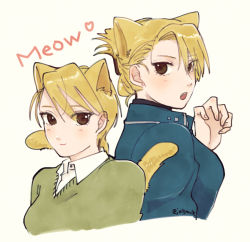 Rule 34 | 1girl, age comparison, amestris military uniform, animal ears, back-to-back, blonde hair, breasts, brown eyes, cat ears, cat girl, cat tail, claw pose, closed mouth, collared shirt, commentary, cropped torso, dated commentary, earrings, eyelashes, folded ponytail, fullmetal alchemist, hand up, heart, jellymlk, jewelry, kemonomimi mode, military, military uniform, multiple views, open mouth, riza hawkeye, shirt, simple background, smile, sweater, tail, twitter username, uniform, updo, white shirt