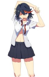 Rule 34 | 10s, 1girl, arms up, black skirt, collarbone, dress shirt, highres, kill la kill, looking at viewer, matoi ryuuko, multicolored hair, navel, necktie, open clothes, open mouth, open shirt, pleated skirt, shirt, short hair, short sleeves, simple background, skirt, solo, stretching, sugi koutarou, undone necktie, yawning