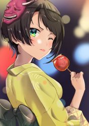 Rule 34 | 1girl, aqua eyes, asymmetrical hair, blurry, blurry background, breasts, brown hair, candy apple, food, from side, highres, hololive, japanese clothes, kimono, light blush, looking at viewer, looking to the side, mask, mask on head, nape, obi, one eye closed, oozora subaru, sash, short hair, solo, summer festival, swept bangs, taachika, tongue, tongue out, upper body, virtual youtuber, yellow kimono, yukata
