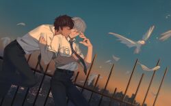 Rule 34 | 2boys, belt, bird, black belt, black hair, black pants, blue sky, cardcaptor sakura, city lights, cityscape, closed eyes, commentary, dark-skinned male, dark skin, feathers, glasses, grey hair, hand on another&#039;s hip, highres, hug, hug from behind, kinomoto touya, looking at another, male focus, multiple boys, necktie, on rooftop, orange sky, pants, school uniform, short hair, sky, smile, sunset, symbol-only commentary, tsukishiro yukito, upper body, white feathers, yaoi, yuexiaxiaohu