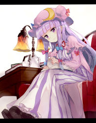 Rule 34 | 1girl, book, bow, capelet, chair, crescent, crescent hair ornament, cup, desk, desk lamp, drawing (object), dress, hair ornament, hair ribbon, hat, lamp, leaning forward, letterboxed, long hair, long sleeves, looking down, open book, patchouli knowledge, purple eyes, purple hair, reading, ribbon, shoes, sitting, smile, solo, teacup, teapot, touhou, tress ribbon, yukizumi remon