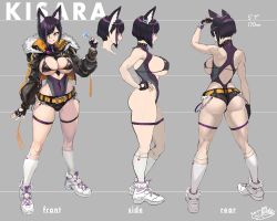 Rule 34 | 1girl, animal ears, ass, between breasts, bikini, bikini top only, black hair, breasts, brown eyes, candy, cat ears, character name, character sheet, commentary, english commentary, fingerless gloves, food, from behind, from side, full body, fur collar, gloves, grin, hand on own hip, highres, jacket, large breasts, leotard, lollipop, multicolored hair, multiple views, ookuma nekosuke, original, purple hair, sharp teeth, short hair, short shorts, shorts, skindentation, smile, standing, swimsuit, teeth, thigh strap, thighs, two-tone hair