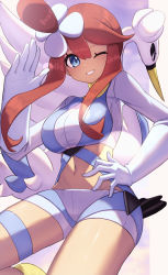 Rule 34 | 1girl, alternate color, blue eyes, breasts, commentary request, creatures (company), cropped jacket, eyelashes, game freak, gen 5 pokemon, gloves, hair ornament, highres, jacket, looking at viewer, midriff, nintendo, nuneno, one eye closed, one side up, pokemon, pokemon (creature), pokemon masters ex, red hair, short hair with long locks, short shorts, shorts, sidelocks, skyla (pokemon), smile, swanna, thigh strap, turtleneck, white gloves, white jacket, white shorts