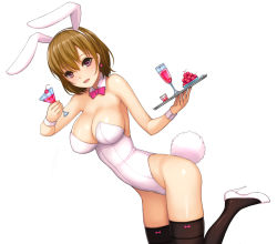 Rule 34 | 1girl, animal ears, asahashi tsuyu, bad id, bad pixiv id, breasts, brown hair, cleavage, cocktail glass, cup, detached collar, drinking glass, fake animal ears, large breasts, looking at viewer, original, playboy bunny, purple eyes, rabbit ears, rabbit tail, short hair, smile, solo, tail, thighhighs, tray, wrist cuffs