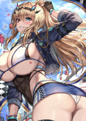 Rule 34 | 1girl, alternate costume, arm strap, ass, barghest (fate), black gloves, blonde hair, blue eyes, blue jacket, blue skirt, blush, breasts, cenangam, checkered flag, commentary request, fate/grand order, fate (series), fingerless gloves, flag, gloves, hetero, highres, huge breasts, jacket, long hair, long sleeves, looking at viewer, looking back, miniskirt, outdoors, panties, parted lips, ponytail, race queen, red eyes, skirt, smile, teeth, underboob, underwear, wedgie, white panties