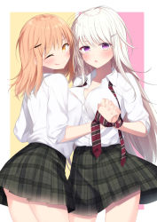 Rule 34 | 2girls, ;q, blush, breasts, brown eyes, brown hair, closed mouth, collarbone, collared shirt, commentary, diagonal-striped clothes, diagonal-striped necktie, diagonal-striped neckwear, dress shirt, grey skirt, hair between eyes, hair ornament, hairclip, highres, holding hands, interlocked fingers, long hair, looking at viewer, looking back, medium breasts, multiple girls, necktie, one eye closed, original, parted lips, plaid, plaid skirt, pleated skirt, purple eyes, sasahara wakaba, school uniform, shirt, skirt, smile, striped clothes, striped neckwear, symbol-only commentary, tongue, tongue out, very long hair, white hair, white shirt