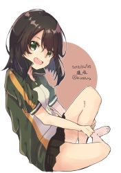 Rule 34 | 1girl, barefoot, black hair, black skirt, circle, green eyes, hayasui (kancolle), jacket, kantai collection, looking at viewer, miniskirt, multicolored clothes, multicolored jacket, one-hour drawing challenge, open mouth, pleated skirt, short hair, simple background, sitting, skirt, smile, solo, teeth, track jacket, u yuz xx, upper teeth only, white background