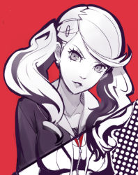 Rule 34 | 10s, 1girl, greyscale, jacket, long hair, looking at viewer, monochrome, persona, persona 5, red background, sho-n-d, smile, solo, takamaki anne, twintails