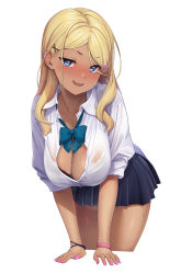 Rule 34 | 1girl, absurdres, arm support, black bra, blonde hair, blue bow, blue bowtie, blue eyes, blue skirt, blush, bow, bowtie, bra, bra peek, bracelet, breasts, cleavage, collared shirt, dark-skinned female, dark skin, earclip, earrings, gyaru, hair ornament, hairclip, highres, jewelry, large breasts, leaning forward, long hair, looking at viewer, miniskirt, nail polish, non-web source, nose blush, open mouth, original, parted bangs, pink nails, pleated skirt, school uniform, shirt, simple background, skirt, solo, sweat, underwear, white background, wotori, x hair ornament