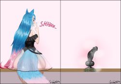 Rule 34 | 1girl, animal ears, blue hair, dildo, dildo reveal, fishnets, from behind, glinter1, highres, looking at viewer, nail polish, pussy juice, sex toy, silvervale, simple background, sitting, tail, timer, transparent skirt, virtual youtuber, vshojo, wolf ears, wolf girl, wolf tail
