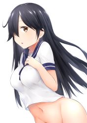 Rule 34 | 10s, 1girl, absurdres, ahoge, black hair, bottomless, breasts, brown eyes, groin, hair over one eye, hand on own chest, highres, hoshimiya aki, kantai collection, large breasts, leaning forward, long hair, looking at viewer, navel, out-of-frame censoring, shirt, short sleeves, simple background, solo, stomach, tareme, ushio (kancolle), very long hair, white background, white shirt