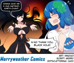 Rule 34 | 2girls, artist name, bare shoulders, black dress, black hair, black sclera, blackhole-chan, blush, breasts, cleavage, clenched hands, collarbone, colored sclera, dress, earth-chan, english text, flying sweatdrops, foreshortening, green hair, hands up, highres, hinghoi, large breasts, long hair, m87 black hole, merryweather, merryweather media, multicolored hair, multiple girls, nasa logo, no bra, open mouth, orange eyes, original, personification, real life insert, speech bubble, two-tone hair, upper body