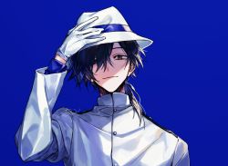 Rule 34 | 1boy, black hair, blue background, commentary request, fate/grand order, fate/type redline, fate (series), front ponytail, gloves, hair over one eye, haruu shun, hat, holding, holding clothes, holding hat, koha-ace, light smile, long hair, long sleeves, looking at viewer, male focus, ponytail, sakamoto ryouma (fate), signature, simple background, smile, solo, upper body, white gloves