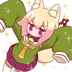 Rule 34 | 1girl, animal ear fluff, animal ears, arms up, bell, blonde hair, blush, brown collar, collar, commentary request, fox ears, fox girl, fox tail, green shirt, hair between eyes, hair bun, hair ornament, highres, jingle bell, kemomimi-chan (naga u), long sleeves, looking at viewer, naga u, neck bell, original, pleated skirt, purple eyes, purple skirt, ribbon-trimmed legwear, ribbon trim, sailor collar, shirt, simple background, skirt, sleeves past fingers, sleeves past wrists, solo, sparkle, standing, tail, thighhighs, v-shaped eyebrows, white background, white sailor collar, white thighhighs