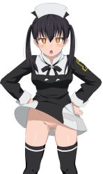 Rule 34 | 1girl, absurdres, black hair, blush, censored, dress, en&#039;en no shouboutai, hair between eyes, hands on own hips, highres, looking at viewer, no panties, open mouth, pussy, sincos, solo, tamaki kotatsu, thighhighs, twintails, white background, yellow eyes