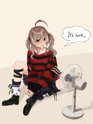 Rule 34 | 1girl, ahoge, black leg warmers, black nails, blush, boots, brown hair, choker, commentary request, electric fan, emo fashion, fingernails, hair between eyes, heart, heart choker, highres, hololive, hololive english, hot, huge ahoge, jewelry, knees up, leg warmers, long hair, long sleeves, multicolored hair, nanashi mumei, nanashi mumei (emo), necklace, official alternate costume, open mouth, orange eyes, sitting, skirt, solo, speech bubble, spread legs, streaked hair, striped clothes, striped sweater, sweat, sweater, talking, torn clothes, twintails, virtual youtuber, vx60753069