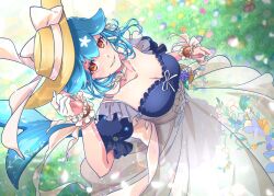 Rule 34 | 1girl, bao (vtuber), bao (vtuber) (6th costume), blue hair, breasts, cetacean tail, choker, cleavage, collarbone, commentary, day, dress, fins, fish tail, flower, grass, hat, indie virtual youtuber, looking at viewer, medium breasts, outdoors, saraemiii en, short sleeves, smile, solo, tail, virtual youtuber, whale girl