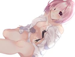 Rule 34 | 1girl, ai (blacktea milk), breasts, cleavage, clothes down, collarbone, fate/grand order, fate (series), hair between eyes, jacket, large breasts, long sleeves, looking at viewer, mash kyrielight, navel, ogin, open clothes, open jacket, panties, pink hair, purple eyes, shiny skin, short hair, simple background, sitting, smile, solo, underwear, white background, white jacket, white panties