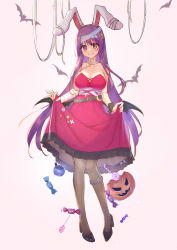 Rule 34 | 1girl, absurdres, alternate costume, animal ears, bandages, bare shoulders, black pantyhose, breasts, cleavage, closed mouth, clothes lift, commentary request, diving penguin, dress, fang, full body, halloween, highres, jack-o&#039;-lantern, large breasts, lifting own clothes, long hair, looking at viewer, pantyhose, pink background, purple eyes, purple hair, rabbit ears, red dress, reisen udongein inaba, simple background, skin fang, skirt, skirt lift, smile, solo, standing, touhou, very long hair