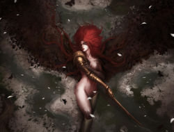 Rule 34 | 1girl, amputee, artist request, breasts, bug, butterfly, closed mouth, completely nude, elden ring, closed eyes, fantasy, floating hair, holding, holding sword, holding weapon, insect, long hair, looking at viewer, malenia blade of miquella, malenia goddess of rot, navel, nude, prosthesis, prosthetic arm, prosthetic leg, red hair, solo, sword, very long hair, water, weapon, wings