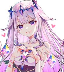 Rule 34 | 1girl, absurdres, bracelet, chest jewel, detached collar, grey hair, heart, heart hands, highres, hololive, hololive english, jewelry, koseki bijou, koseki bijou (1st costume), long hair, purple eyes, sowon, strapless, virtual youtuber, white background