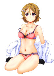 Rule 34 | 10s, 1girl, black socks, bow, bow bra, bow panties, bra, breasts, brown hair, cleavage, closed mouth, collarbone, commentary request, dress shirt, full body, hair ribbon, highres, jou (circlemay), koizumi hanayo, long sleeves, looking at viewer, love live!, love live! school idol project, medium breasts, navel, off shoulder, open clothes, open shirt, opened by self, panties, partial commentary, purple eyes, red bra, red panties, ribbon, shirt, short hair, simple background, sitting, smile, socks, solo, strap slip, swept bangs, thighs, underwear, underwear only, undressing, wariza, white background, white shirt