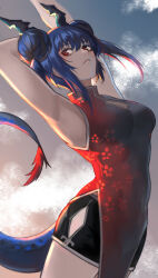 Rule 34 | 1girl, arknights, armpits, arms up, black shorts, blue hair, breasts, ch&#039;en (ageless afterglow) (arknights), ch&#039;en (arknights), china dress, chinese clothes, cleavage, cleavage cutout, clothing cutout, commentary request, cornerofawell, cowboy shot, double bun, dragon horns, dragon tail, dress, hair bun, highres, horns, long hair, looking at viewer, medium breasts, parted lips, red dress, red eyes, short shorts, shorts, sleeveless, sleeveless dress, solo, standing, tail, twintails