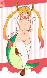 Rule 34 | 1girl, absurdres, blonde hair, blush, breasts, brown footwear, character name, cheesestyx, cleft of venus, cloud, collarbone, dragon girl, dragon horns, dragon tail, elbow gloves, eyebrows, gloves, gradient hair, highres, horns, kobayashi-san chi no maidragon, large breasts, large tail, long hair, maid headdress, multicolored hair, navel, nipples, nude, open mouth, puffy nipples, pussy, simple background, smile, solo, striped, striped background, tail, thighhighs, tohru (maidragon), twintails, uncensored, white gloves, white thighhighs, yellow eyes