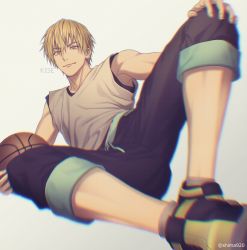 Rule 34 | 1boy, ball, basketball, basketball (object), black pants, blurry, brown eyes, brown hair, character name, closed mouth, commentary request, depth of field, earrings, grey background, grey shirt, hair between eyes, hand on own knee, holding, holding ball, jewelry, kise ryouta, kuroko no basuke, looking at viewer, male focus, mashima shima, pants, shirt, short hair, simple background, single earring, sitting, sleeveless, sleeveless shirt, smile, solo, twitter username