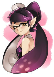 Rule 34 | + +, 1girl, black dress, black hair, bow, callie (splatoon), detached collar, dress, earrings, eyebrows, food, food on head, gomipomi, gradient hair, hair bow, hat, inkling, inkling player character, jewelry, light smile, long hair, looking at viewer, mole, mole under eye, multicolored hair, nintendo, object on head, pink background, pointy ears, purple hair, solo, splatoon (series), splatoon 1, strapless, symbol-shaped pupils, tentacle hair, tentacles, thick eyebrows, upper body, white background, yellow eyes