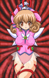 Rule 34 | 1girl, arms up, bare legs, bdsm, blouse, breasts, brown eyes, brown hair, corrector yui, cupsoup, curly hair, flesh wall, gloves, highres, kasuga yui, leotard, magical girl, medium breasts, medium hair, navel, open mouth, pink shirt, red background, red leotard, restrained, ryona, scared, see-through, see-through skirt, shirt, short hair, skirt, solo, sweat, tentacles, white gloves, white skirt