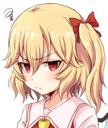 Rule 34 | 1girl, blonde hair, bow, closed mouth, collarbone, commentary request, fang, fang out, flandre scarlet, frown, hair between eyes, hair bow, looking at viewer, naname ushiro, one side up, portrait, red bow, red eyes, short hair, simple background, slit pupils, solo, squiggle, touhou, upper body, v-shaped eyebrows, white background, wings