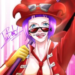 Rule 34 | 1girl, belo betty, blue eyes, bob cut, commentary request, eyewear on headwear, flag, highres, holding, holding flag, jacket, looking at viewer, necktie, one piece, open clothes, open jacket, purple hair, red-tinted eyewear, red flag, red headwear, red jacket, red lips, red necktie, signature, smile, solo, sunglasses, tinted eyewear, tubaki iz0
