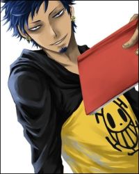 Rule 34 | 1boy, blue hair, book, earrings, facial hair, goatee, hood, hoodie, jewelry, jolly roger, looking at viewer, male focus, one piece, pirate, raglan sleeves, simple background, smiley face, solo, trafalgar law, white background
