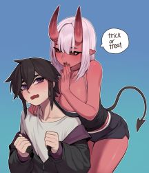 Rule 34 | 1boy, 1girl, bare arms, black jacket, black shirt, black shorts, breasts, brown hair, cleavage, collarbone, colored skin, demon horns, demon tail, gradient background, green background, grey hair, grey shirt, hair between eyes, highres, holding, horns, jacket, jdw, large breasts, long hair, mole, mole on breast, off shoulder, open mouth, original, pointy ears, purple eyes, red eyes, red skin, shirt, short hair, shorts, speech bubble, sweat, tail, trick or treat, whispering