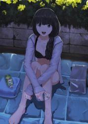 Rule 34 | 1girl, :d, absurdres, amagami, ayatsuji tsukasa, bare arms, bikini, black bikini, black hair, blunt bangs, bottle, braid, braided ponytail, from above, g2 atelier, grey eyes, grey jacket, hair over shoulder, highres, holding, holding bottle, jacket, long hair, long sleeves, looking at viewer, open clothes, open jacket, open mouth, outdoors, ponytail, sitting, sleeves past wrists, smile, solo, swimsuit