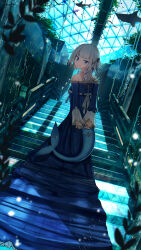 Rule 34 | 1girl, absurdres, advarcher, arms behind back, bare shoulders, blue dress, blue eyes, blue hair, blunt bangs, breasts, ceiling, chromatic aberration, commentary, dress, dutch angle, film grain, fins, fish, fish tail, foliage, from behind, gawr gura, glass ceiling, hair ornament, highres, hololive, hololive english, indoors, light smile, long hair, long sleeves, looking at viewer, looking back, looking down, multicolored hair, off-shoulder dress, off shoulder, on stairs, own hands together, plant, ribbon, ribbon-trimmed dress, ruins, scenery, shadow, shark, shark girl, shark hair ornament, shark tail, skylight, small breasts, smile, solo, standing, streaked hair, tail, train (clothing), two-tone hair, two side up, underwater, v arms, vines, virtual youtuber, white hair, white ribbon