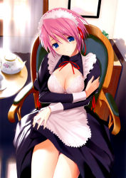 Rule 34 | 10s, 1girl, absurdres, apron, artist request, blue eyes, bra, breasts, cleavage, clothes lift, cup, highres, hima, kisaki mio, lace, lace bra, large breasts, maid, maid apron, maid headdress, pink hair, scan, short hair, sitting, skirt, skirt lift, solo, teacup, teapot, underwear, walkure romanze, white bra