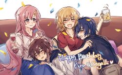 Rule 34 | 2boys, alcohol, athrun zala, beer, blonde hair, blue hair, blush, brother and sister, cagalli yula athha, closed eyes, couch, cup, drinking glass, drunk, gundam, gundam seed, gundam seed freedom, hair ornament, happy birthday, holding, holding cup, hug, kira yamato, lacus clyne, long hair, multiple boys, multiple girls, on couch, open mouth, pink hair, shiro kunugi, short hair, siblings, sitting, smile, twins