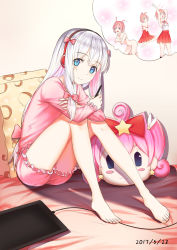 Rule 34 | 1girl, 2017, ;d, animal ears, arm up, barefoot, black hairband, black socks, blue eyes, bow, breasts, cleavage, covering privates, covering breasts, crossed arms, dated, eromanga sensei, feet, frilled shorts, frills, full body, hair bow, hairband, headphones, highres, izumi sagiri, kneehighs, long hair, looking at viewer, looking back, mask, unworn mask, miniskirt, neck ribbon, nude, off shoulder, one eye closed, open mouth, pink bow, pink shirt, pink shorts, pleated skirt, rabbit ears, red hair, red ribbon, red skirt, ribbon, shirt, short hair, short shorts, shorts, silver hair, sitting, skirt, sleeveless, sleeveless shirt, small breasts, smile, socks, solo, toes, white shirt