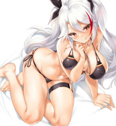 Rule 34 | 1girl, antenna hair, azur lane, bare shoulders, bikini, black bikini, black ribbon, blush, breasts, brown eyes, cle masahiro, cleavage, collarbone, covered erect nipples, feet, flag print, from above, german flag bikini, hair between eyes, hair ribbon, hip focus, large breasts, legs, licking lips, long hair, looking at viewer, mole, mole on breast, multi-strapped bikini bottom, multi-strapped bikini top, multicolored hair, navel, prinz eugen (azur lane), prinz eugen (unfading smile) (azur lane), ribbon, side-tie bikini bottom, silver hair, simple background, sitting, smile, solo, streaked hair, swept bangs, swimsuit, thigh strap, thighs, tongue, tongue out, two side up, white background, yokozuwari