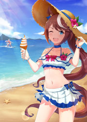 Rule 34 | 2girls, animal ears, beach, blue eyes, blush, breasts, brown hair, collarbone, commentary request, food, gold ship (umamusume), hat, horse ears, horse girl, ice cream, long hair, multiple girls, navel, ocean, one eye closed, open mouth, ponytail, small breasts, straw hat, surfing, tokai teio (umamusume), umamusume, vococo