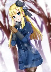Rule 34 | 1girl, :o, absurdres, beret, blonde hair, blue eyes, coat, cold, fate/grand order, fate (series), gloves, hair between eyes, hat, highres, katou shinobu, long hair, lord el-melloi ii case files, open mouth, pantyhose, reines el-melloi archisorte, scarf, simple background, skirt, solo