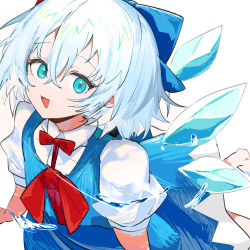 Rule 34 | 1girl, :d, blue bow, blue dress, blue eyes, blue wings, bow, cirno, collared shirt, ddari, detached wings, dress, hair between eyes, hair bow, ice, ice wings, looking at viewer, open mouth, partially submerged, puffy short sleeves, puffy sleeves, red bow, shirt, short sleeves, simple background, sleeveless, sleeveless dress, smile, solo, touhou, water, white background, white hair, white shirt, wings