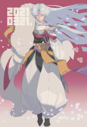 Rule 34 | 1boy, armor, cherry blossoms, claws, dated, demon boy, facial mark, falling petals, fingernails, forehead mark, full body, grey hair, hakama, highres, inuyasha, japanese armor, japanese clothes, katana, long hair, looking at viewer, male focus, parted bangs, petals, pink background, sasaki tomomi, sesshoumaru, sharp fingernails, shirt, shoulder spikes, solo, spikes, sword, weapon, white fur, white hakama, white shirt, wide sleeves, yellow eyes