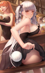 Rule 34 | 2boys, 2girls, :d, absurdres, alcohol, armpits, ass, ass focus, azur lane, bare back, bare shoulders, beer, bench, black bow, black dress, black leotard, black panties, blunt bangs, blush, bow, breasts, brown eyes, cleavage, closed eyes, clothes lift, dress, dress lift, dutch angle, fake tail, fintowing, formidable (azur lane), formidable (warship girls r), hair bow, highres, indoors, lace, lace-trimmed panties, lace trim, large breasts, leotard, lifting own clothes, looking at viewer, multiple boys, multiple girls, no bra, open mouth, out of frame, panties, parted lips, pleated dress, rabbit tail, scarf, sideboob, silver hair, sitting, smile, strapless, strapless dress, strapless leotard, table, tail, twintails, underwear, waitress, walking, wooden table