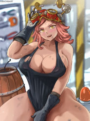 Rule 34 | 1girl, adjusting clothes, adjusting headwear, arachnart, areola slip, bare shoulders, barrel, black gloves, black tank top, blurry, blurry background, blush, boku no hero academia, breasts, cleavage, collarbone, cowboy shot, dirty, gloves, goggles, goggles on head, hatsume mei, highres, indoors, large breasts, long hair, looking at viewer, no panties, open mouth, pink hair, sideboob, sitting, smile, solo, spread legs, tank top, teeth, unusual pupils, upper teeth only, yellow eyes
