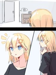 Rule 34 | 1girl, black shirt, blonde hair, blue eyes, bookshelf, hair ornament, hololive, hololive english, looking outside, medium hair, misaki d3su, musical note, notice lines, open door, open mouth, picture frame, shirt, sixteenth note, spoken musical note, t-shirt, virtual youtuber, watson amelia
