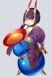 Rule 34 | 1girl, alcohol, bare shoulders, breasts, bridal gauntlets, collarbone, cup, echo (circa), eyeliner, fate/grand order, fate (series), gourd, headpiece, horns, japanese clothes, kimono, long sleeves, looking at viewer, makeup, one eye closed, oni, open mouth, purple eyes, purple hair, purple kimono, revealing clothes, sakazuki, sake, short hair, shuten douji (fate), skin-covered horns, small breasts, smile, solo, wide sleeves